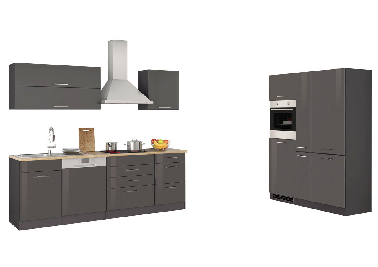 Held Möbel Küchenzeile MAILAND Moderne Küchenzeile in dunklem Grau mit Hängeschränken, Dunstabzugshaube, Spüle, Geschirrspüler und integriertem Backofen, seitliche Perspektive