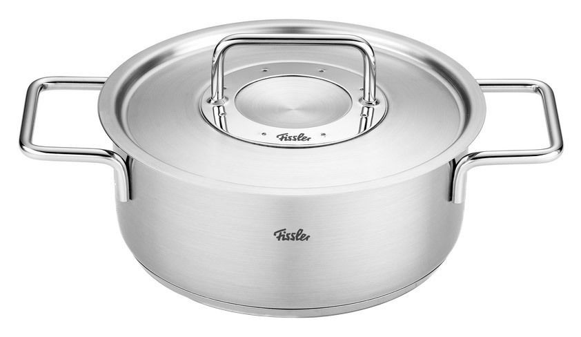 Fissler Bratentopf Pure Bratentopf Pure 20cm aus Metall, Ansicht von oben mit Deckel und Griffen.