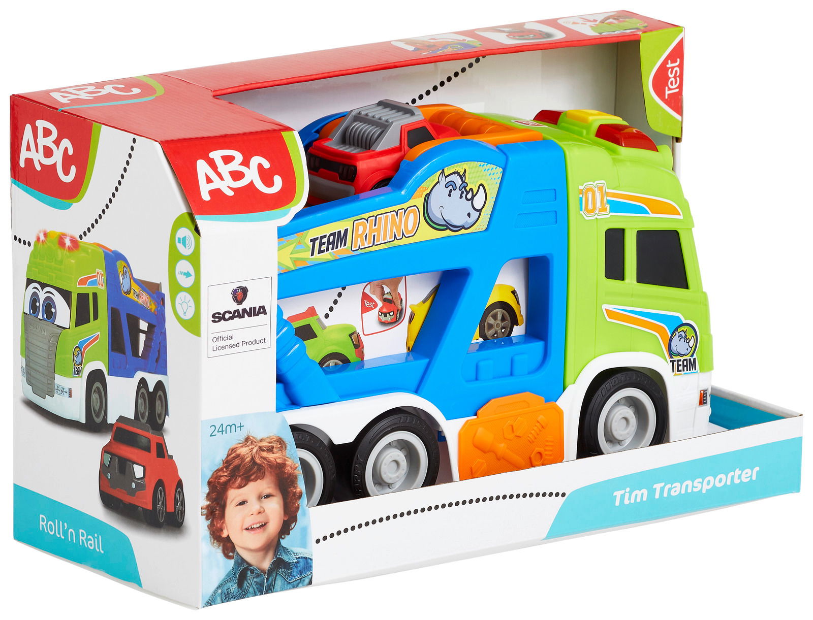 Spielzeugauto ABC Tim Transporter in bunter Verpackung, seitliche Perspektive