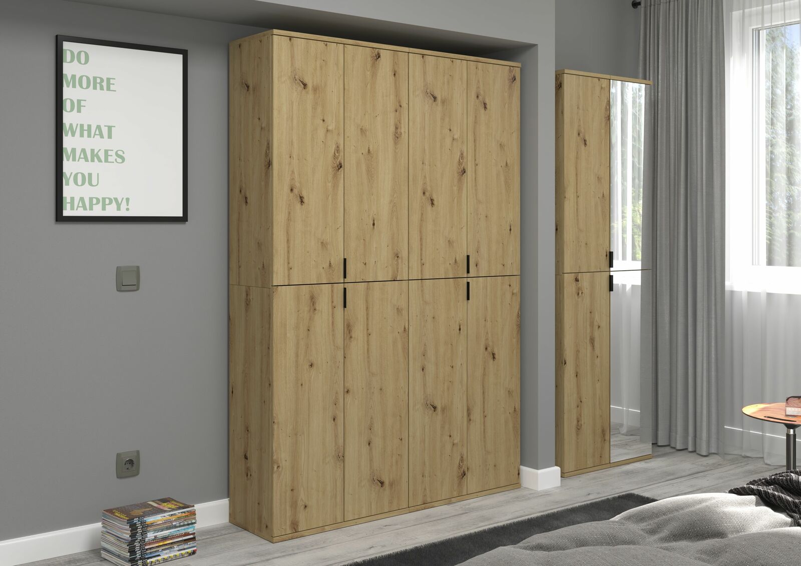 Hochschrank aus Holz mit natürlicher Maserung, frontal fotografiert in einem modernen Raum mit grauer Wand und Fenster.