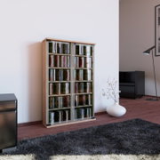 CD-Regal aus Holz mit zwei Glasschiebetüren, gefüllt mit CDs, in einem Wohnzimmer vor heller Wand – frontale Perspektive mit leichtem Blick von links