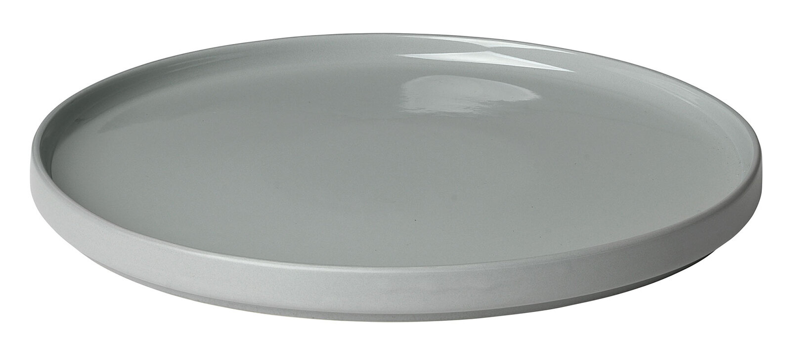 Grauer Speiseteller 'PILAR' in Seitenansicht mit glatter Oberfläche.