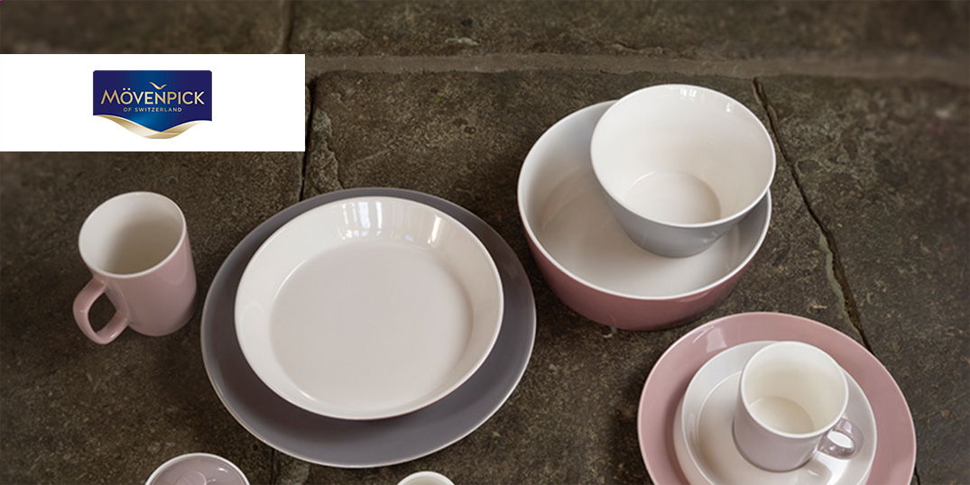 Verschiedene Mövenpick Essteller, Schalen und Tassen in sanften Pastelltönen