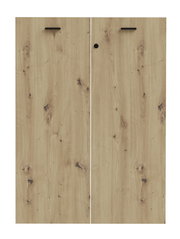 Zweiflügeliges Holztür-Set mit Schloss, Frontansicht, natürliche Holzmaserung und schwarze Griffe.