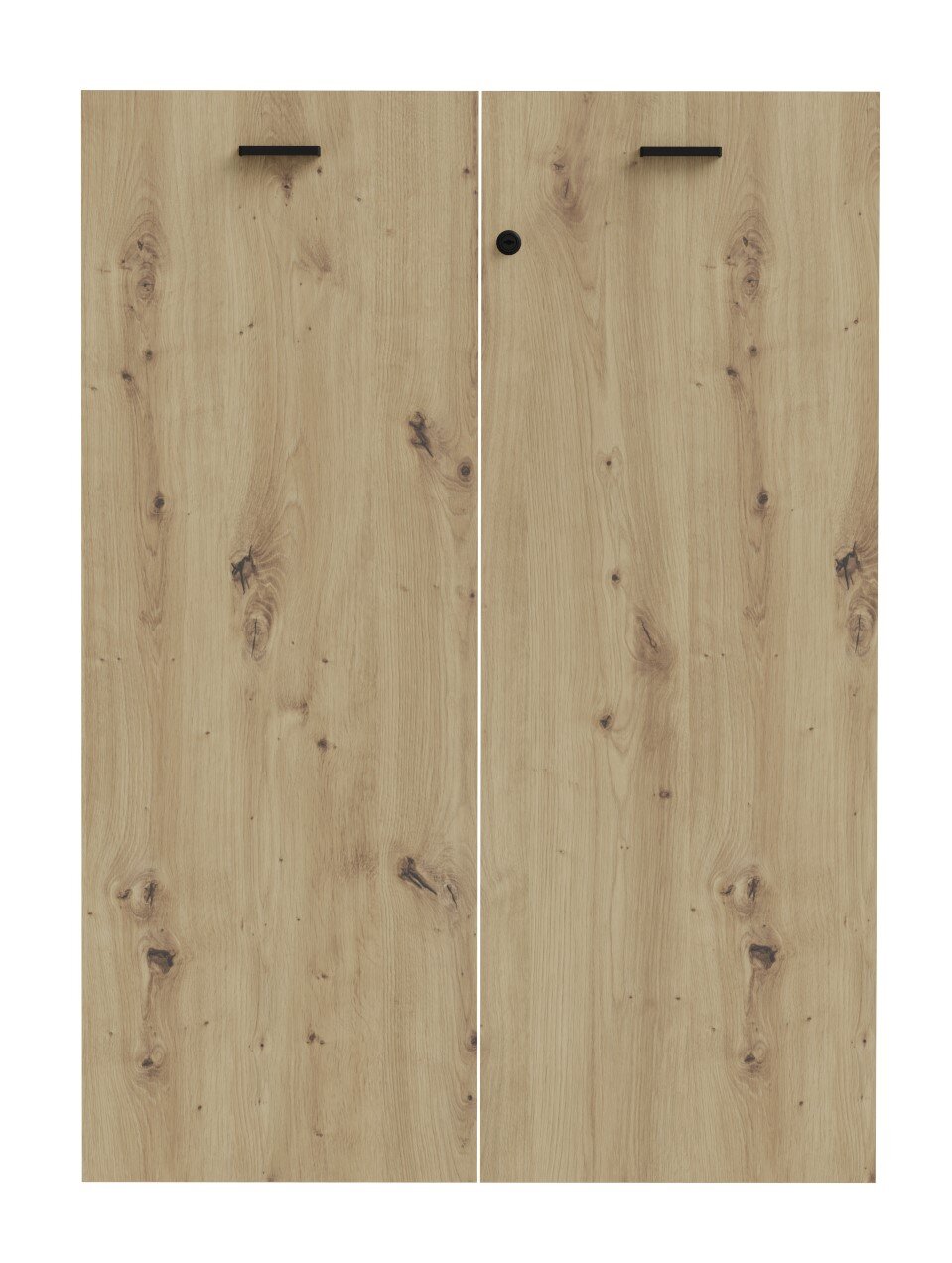 Set van een dubbele houten deur met slot, vooraanzicht, natuurlijke houtnerf en zwarte handgrepen.