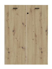 Set van een dubbele houten deur met slot, vooraanzicht, natuurlijke houtnerf en zwarte handgrepen.