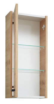 Moderner Wandschrank aus Holz mit Glastüren, seitliche Perspektive