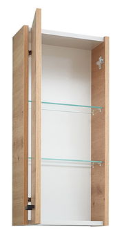 Moderner Wandschrank aus Holz mit Glastüren, seitliche Perspektive