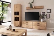 Moderne Wohnzimmer-Wandkombination aus Holz mit TV-Schrank, hohem Schrank und Wandregal, seitliche Perspektive.