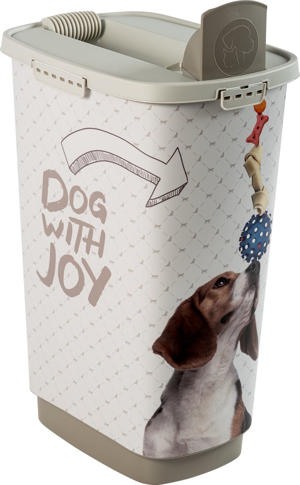 rotho Diervoercontainer 50 l CODY Voerbak met een inhoud van 50 liter, versierd met een hondenafbeelding en het opschrift 'Dog with Joy', zijaanzicht.