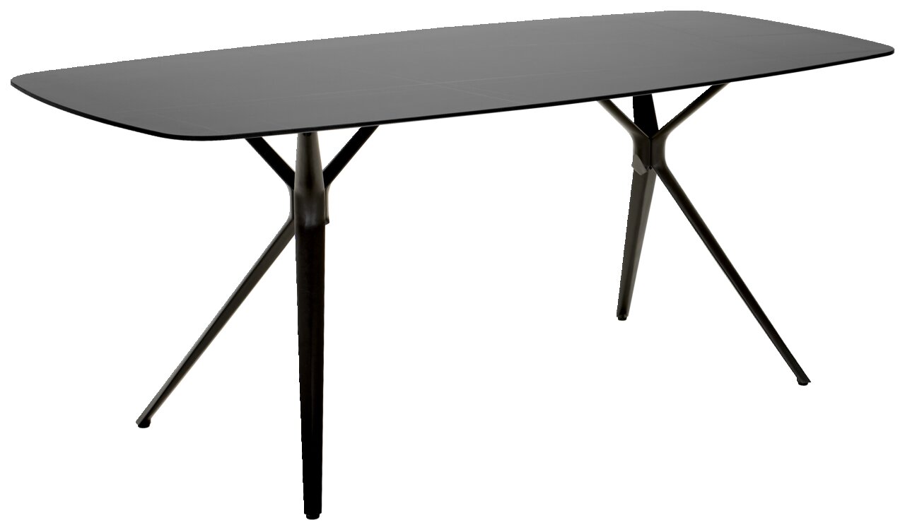 Moderner schwarzer Gartentisch mit schlanken Beinen, seitliche Perspektive