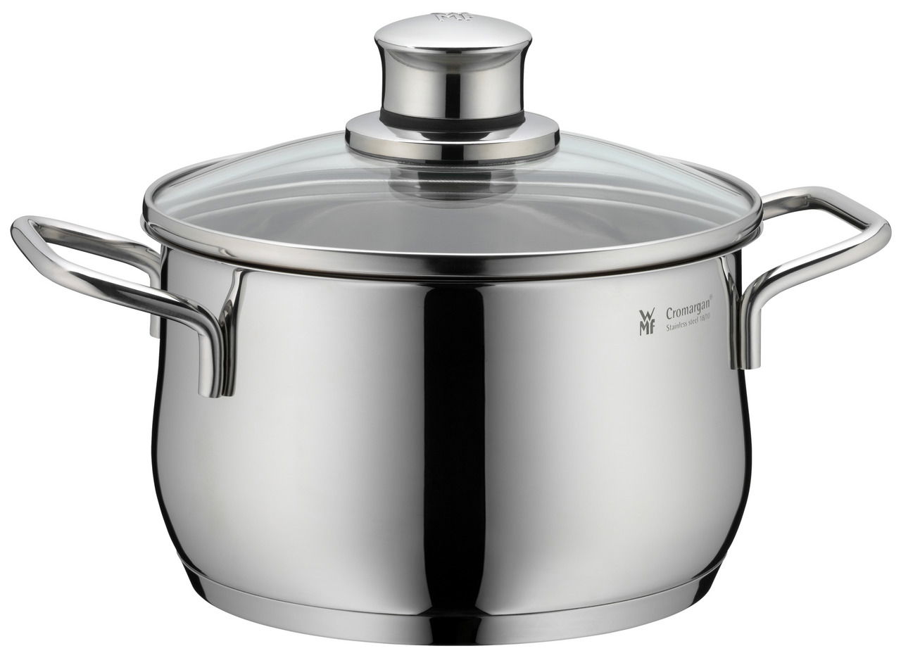 Edelstahlkochtopf mit Glasdeckel und zwei Griffen, seitliche Perspektive