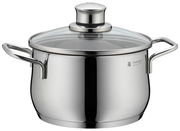 Edelstahlkochtopf mit Glasdeckel und zwei Griffen, seitliche Perspektive