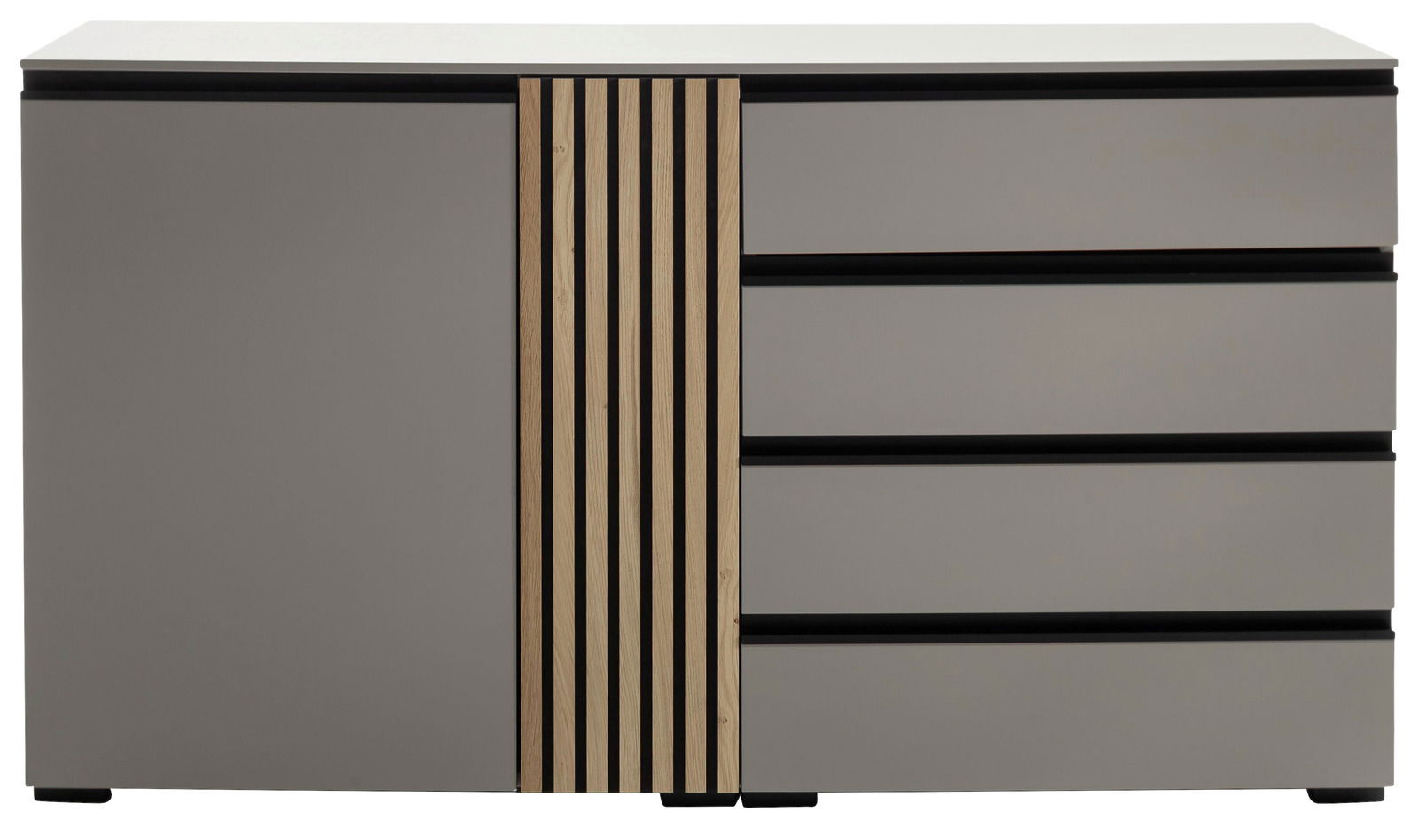 Modernes Sideboard mit grauer Front, vertikalen Holzstreifen und Schubladen, Frontalansicht