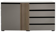 Modernes Sideboard mit grauer Front, vertikalen Holzstreifen und Schubladen, Frontalansicht