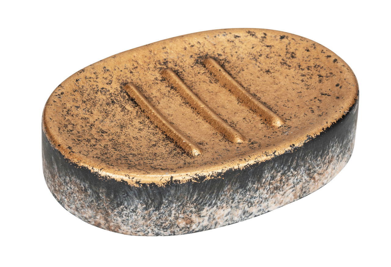 Wenko Seifenablage LACONA Ovale Seifenablage Lacona in antikem Gold-Look mit drei Rillen, seitliche Perspektive