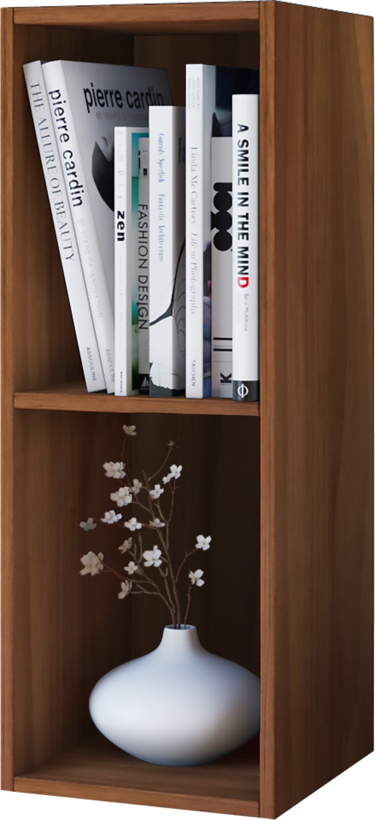 Holzregal in Nussbaum-Optik mit zwei offenen Fächern, oben mit Büchern und unten mit weißer Vase mit Blütenzweigen, Frontansicht leicht von rechts