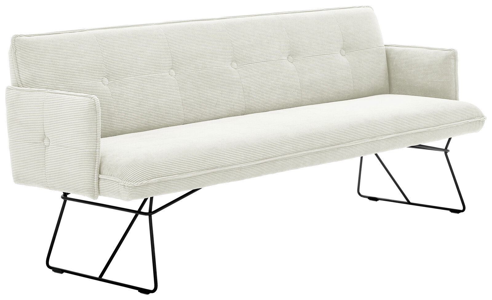 Zweisitzer-Sofa mit hellgrauem Stoffbezug und schwarzen Metallbeinen, seitliche Perspektive