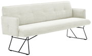Zweisitzer-Sofa mit hellgrauem Stoffbezug und schwarzen Metallbeinen, seitliche Perspektive