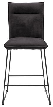 Vorderansicht eines modernen Tresenstuhls mit schwarzem Polster und Metallbeinen.