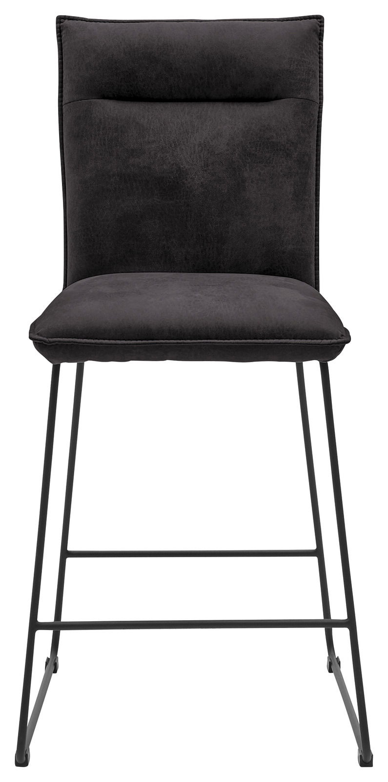Vorderansicht eines modernen Tresenstuhls mit schwarzem Polster und Metallbeinen.