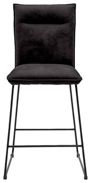 Vorderansicht eines modernen Tresenstuhls mit schwarzem Polster und Metallbeinen.