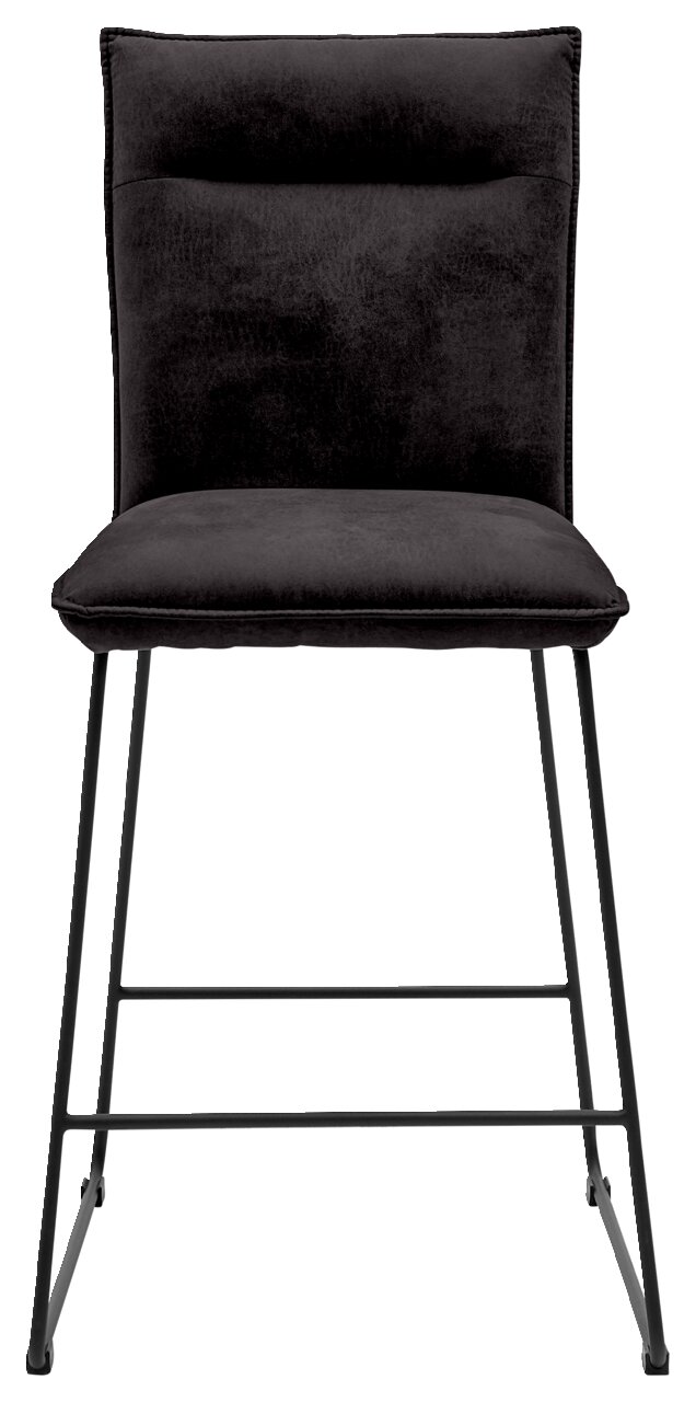 Vorderansicht eines modernen Tresenstuhls mit schwarzem Polster und Metallbeinen.