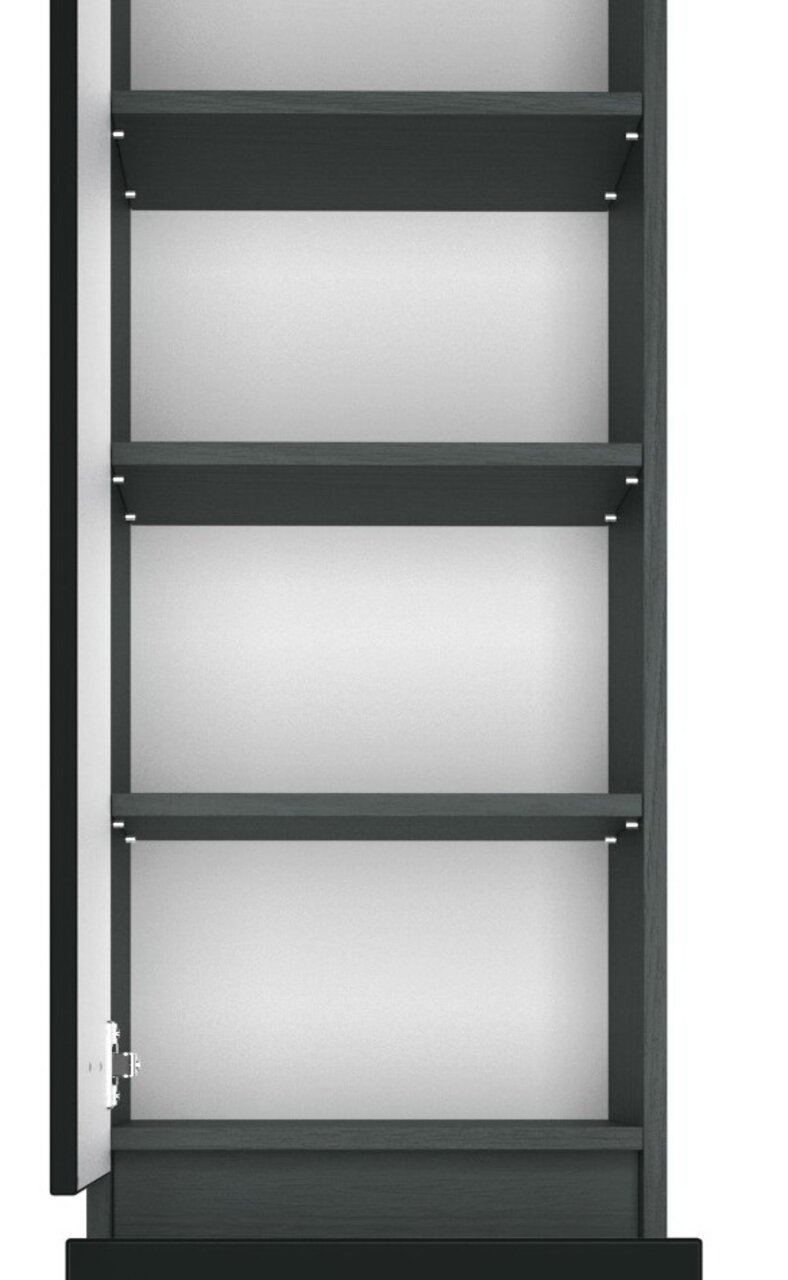 Hoge kast met geopende deur, vier legplanken, vooraanzicht