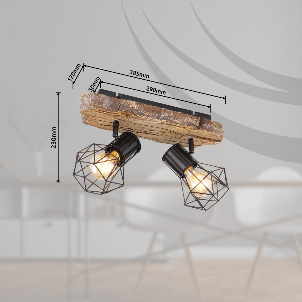 Deckenstrahler mit zwei schwarzen, geometrischen Lampenschirmen und Holzoptik, seitliche Perspektive