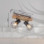 Deckenstrahler mit zwei schwarzen, geometrischen Lampenschirmen und Holzoptik, seitliche Perspektive