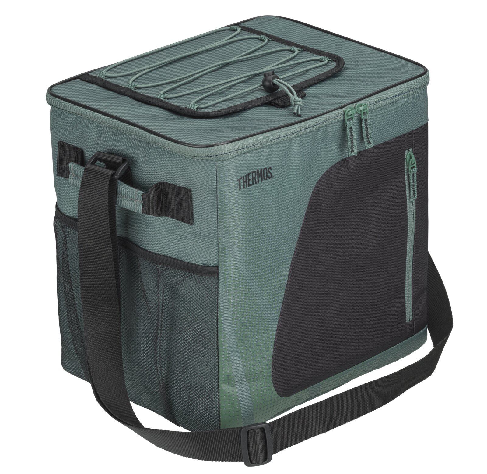 Grün-schwarze Thermos-Kühltasche mit Reißverschlussdeckel, elastischer Kordel, Netzfach und verstellbarem Schultergurt, schräg von vorne oben dargestellt