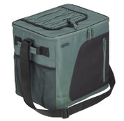 Grün-schwarze Thermos-Kühltasche mit Reißverschlussdeckel, elastischer Kordel, Netzfach und verstellbarem Schultergurt, schräg von vorne oben dargestellt