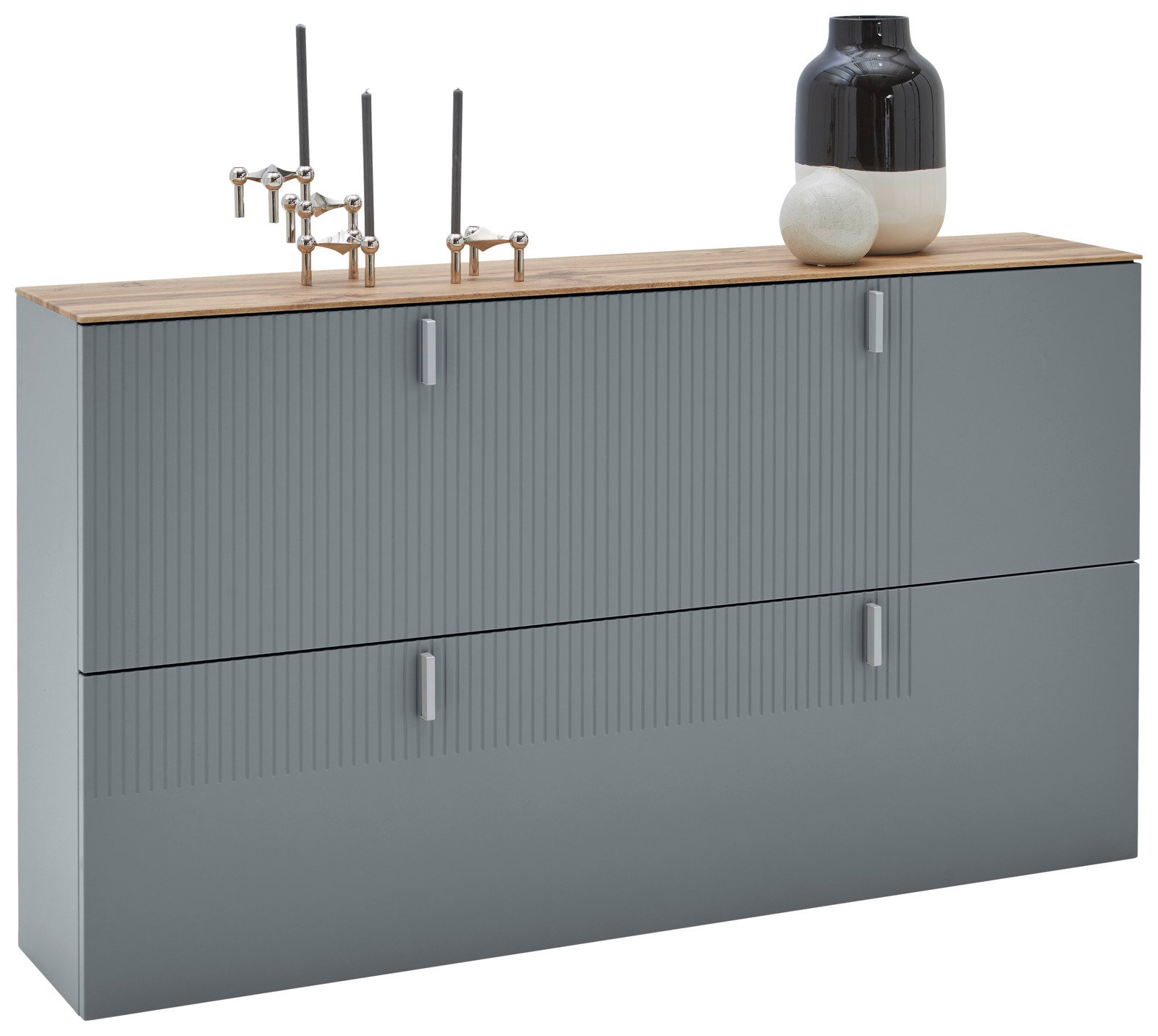 Moderner Hängeschuhschrank in Grau mit Holzoberfläche, dekoriert mit einer Vase und Skulpturen, Frontalansicht