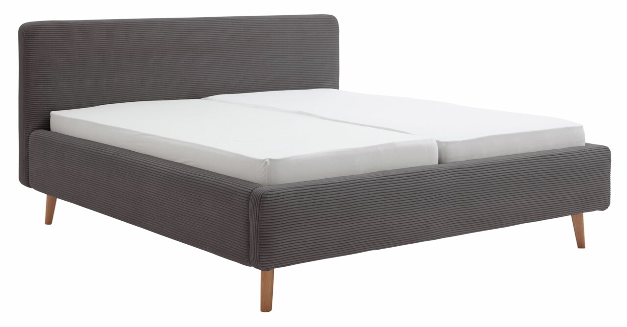 XORA Polsterbettgestell MATTIS Graues Polsterbettgestell mit Holzfüßen, seitliche Perspektive