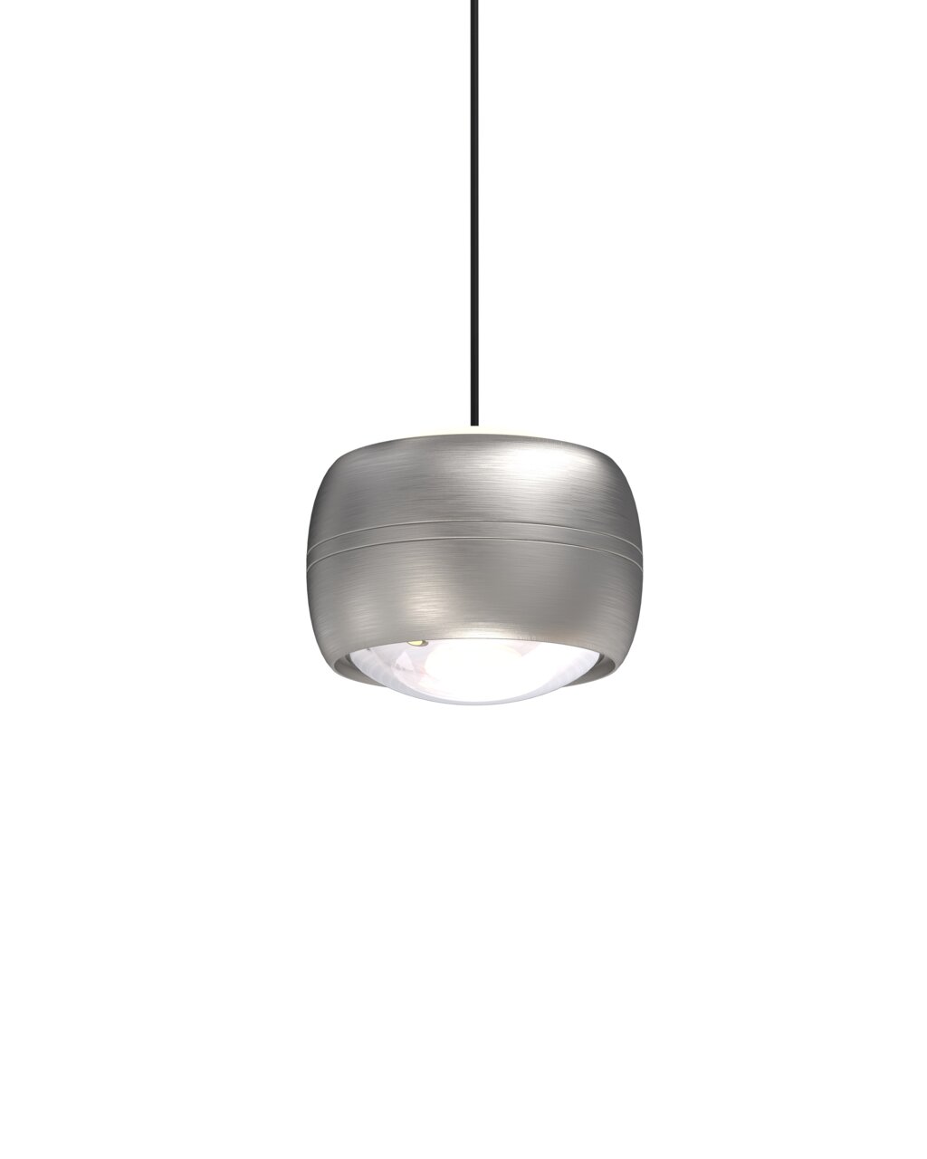 Moderne LED-Pendelleuchte in Silberoptik, von unten betrachtet, mit elegantem, gebürstetem Finish.