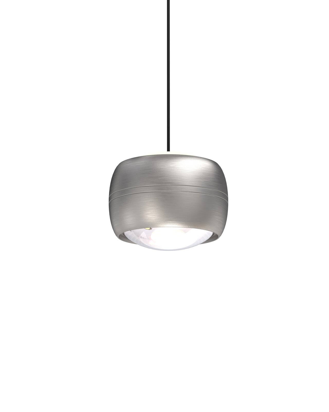 Moderne LED-hanglamp in zilverkleurige uitvoering, gezien van onderaf, met een elegante, geborstelde afwerking.