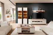 Modernes Wohnzimmer mit stilvollem Wandboard, LED-Beleuchtung und eleganten Möbeln in Frontalansicht.