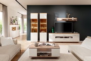 Modernes Wohnzimmer mit stilvollem Wandboard, LED-Beleuchtung und eleganten Möbeln in Frontalansicht.