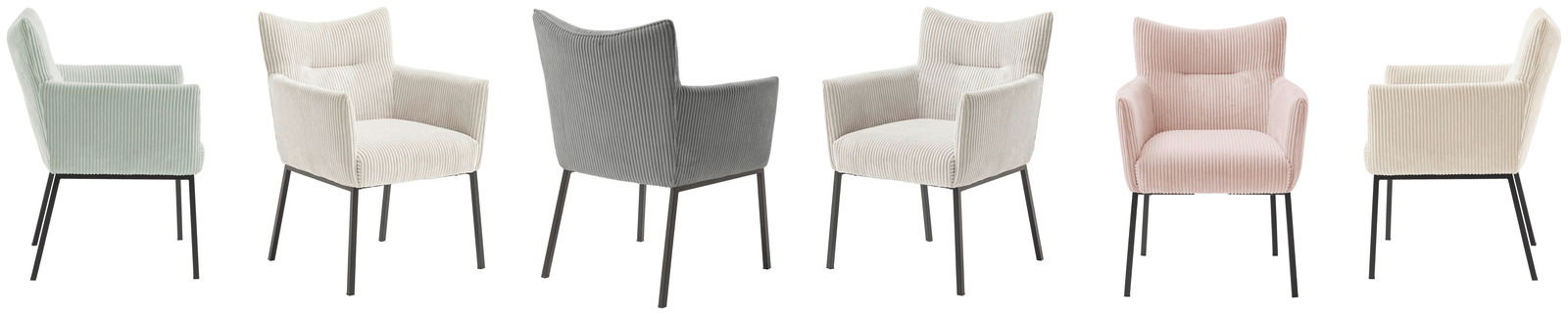 Verschiedene Sessel in Pastellfarben, von der Seite und von hinten gezeigt, mit modernen Metallbeinen.
