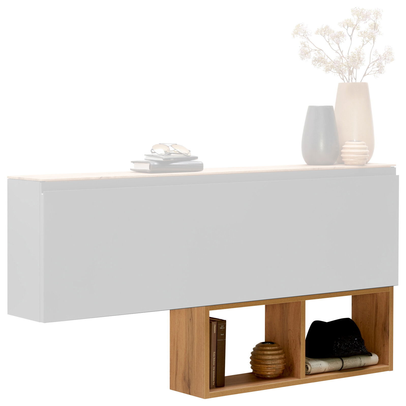 Moderano Hängeregal LECCO PLUS Modernes Hängeregal mit weißer Front und Holzregal darunter, seitliche Perspektive