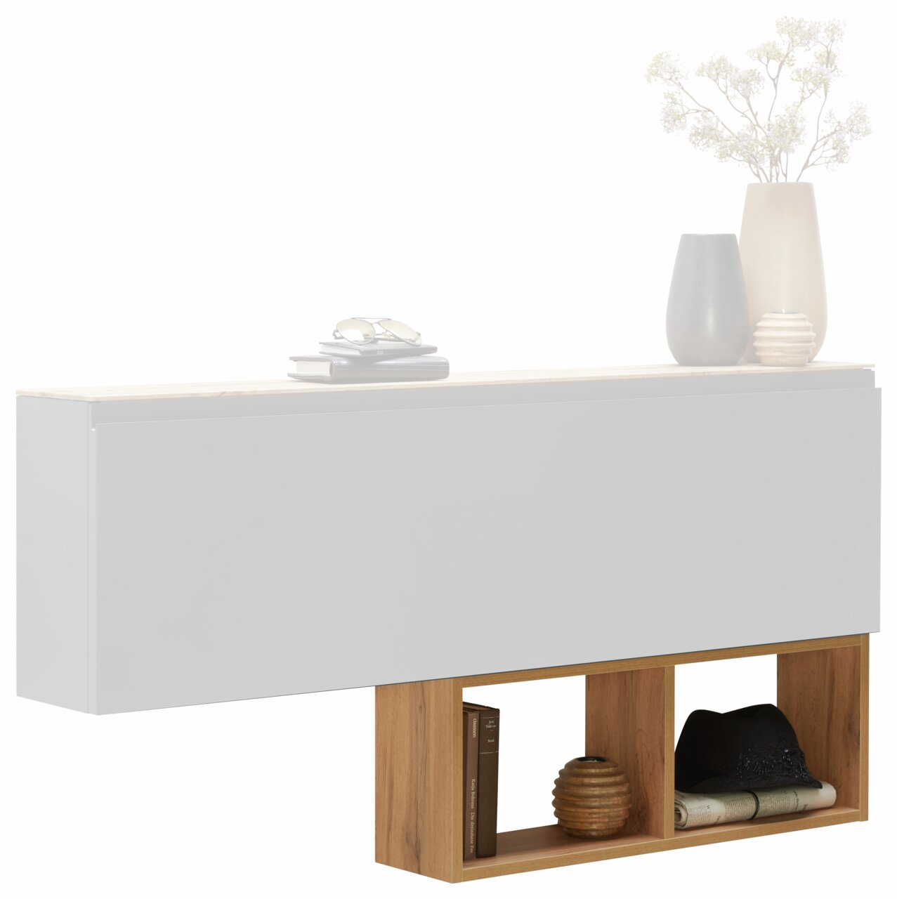 Moderano Hangende plank LECCO PLUS Modernes Hängeregal mit weißer Front und Holzregal darunter, seitliche Perspektive