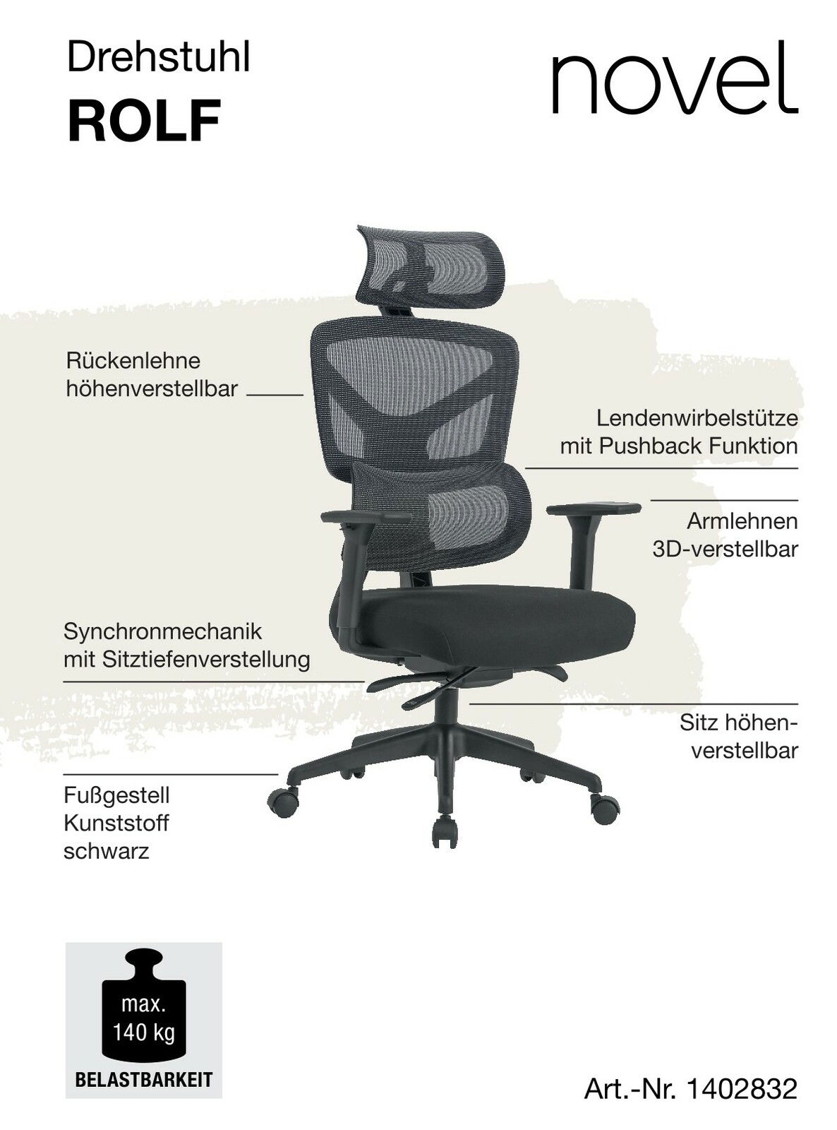 Ergonomischer Drehstuhl ROLF mit höhenverstellbarer Rückenlehne, 3D-verstellbaren Armlehnen und Lendenwirbelstütze, seitliche Perspektive.