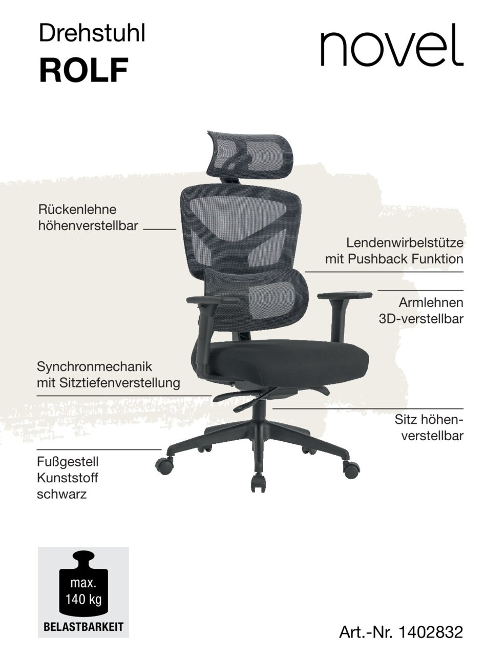 Ergonomische draaistoel ROLF met in hoogte verstelbare rugleuning, 3D-verstelbare armleuningen en lendensteun, zijaanzicht.