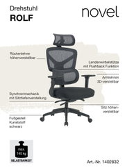 Ergonomische draaistoel ROLF met in hoogte verstelbare rugleuning, 3D-verstelbare armleuningen en lendensteun, zijaanzicht.