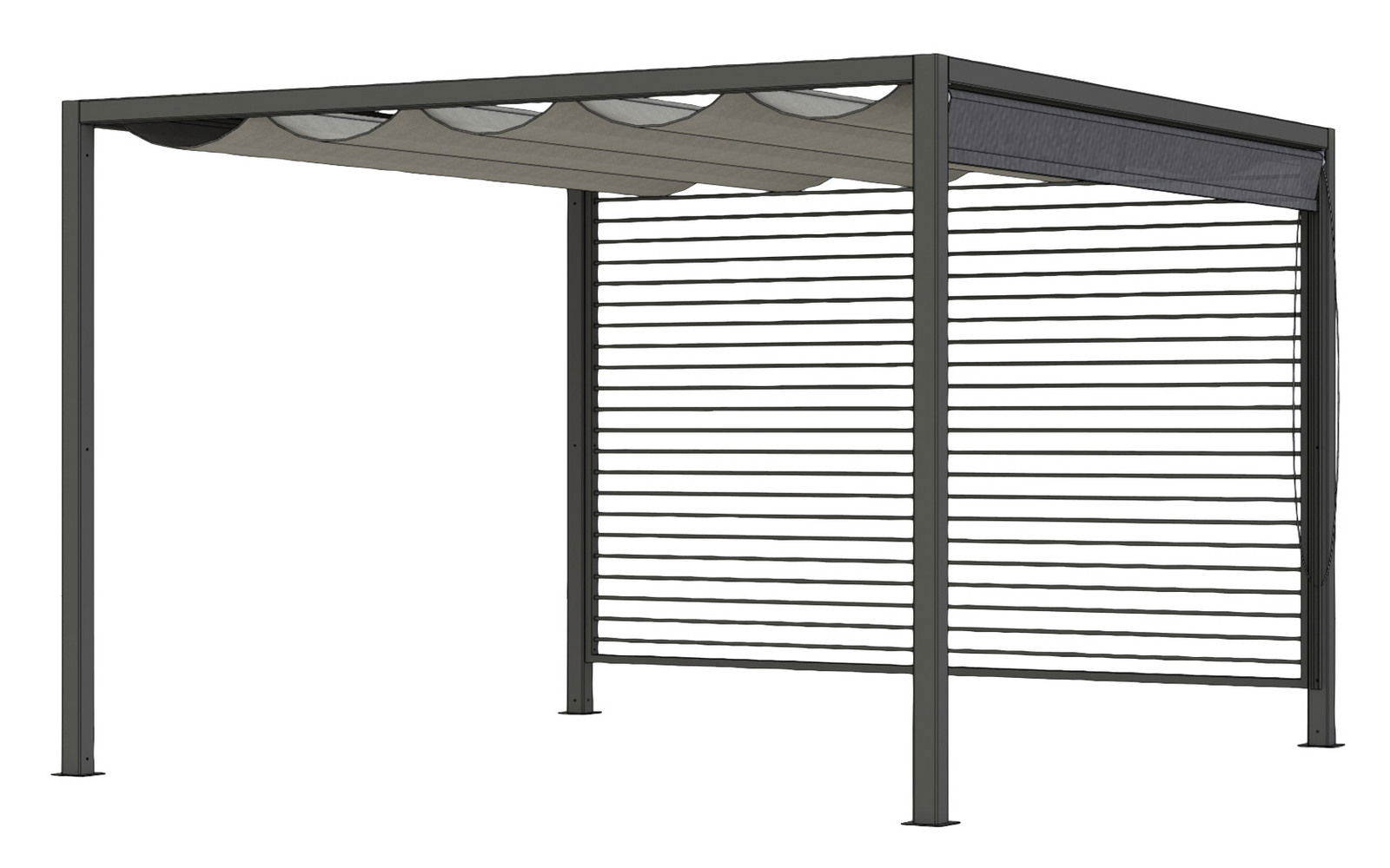 Moderner Sichtschutz aus Aluminium mit Lamellen und integriertem Sonnensegel, seitliche Perspektive