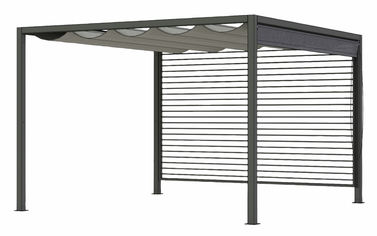 Moderner Sichtschutz aus Aluminium mit Lamellen und integriertem Sonnensegel, seitliche Perspektive