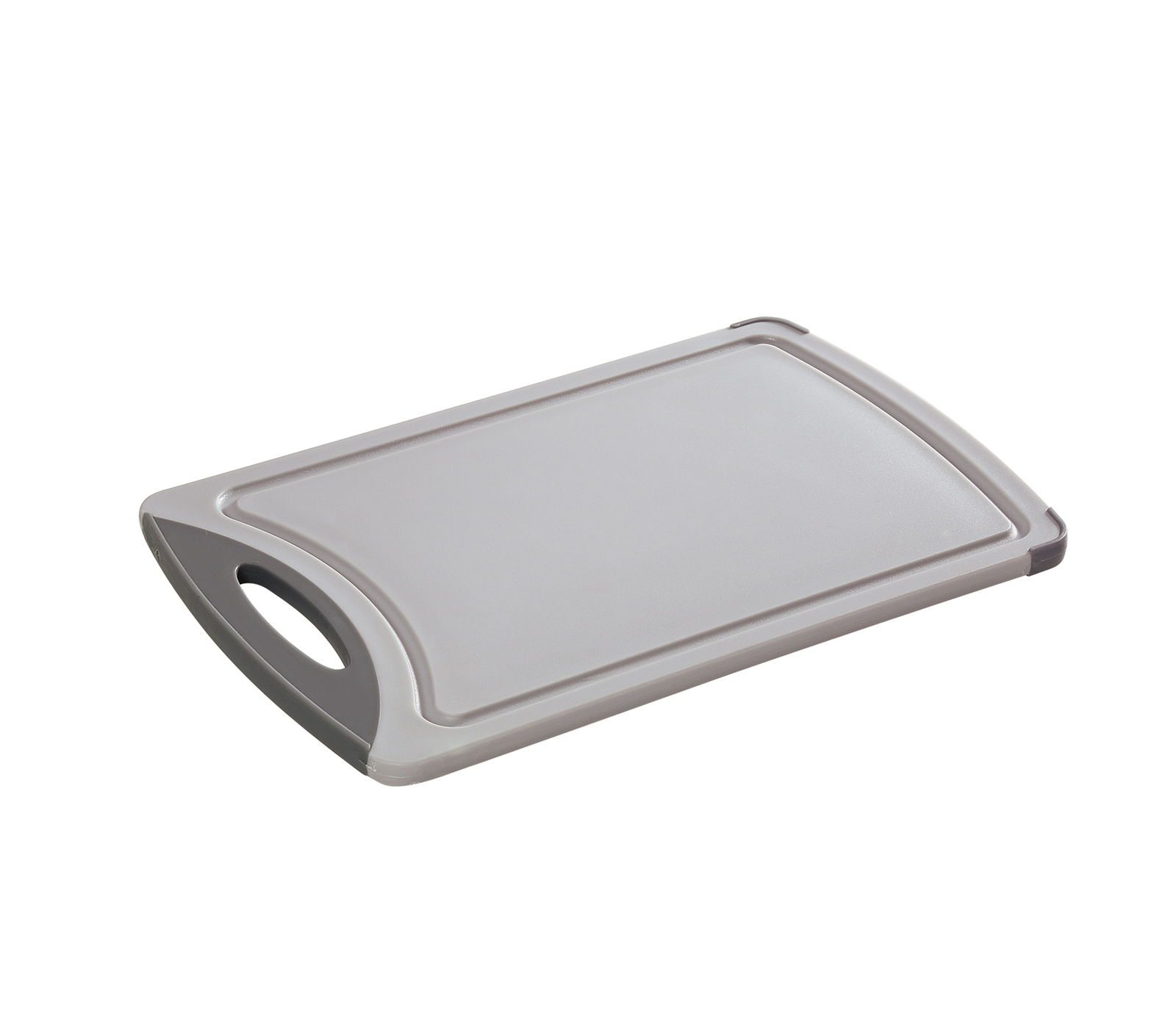 Graues Schneidbrett 32x20cm mit Griff, perspektivisch von oben fotografiert.