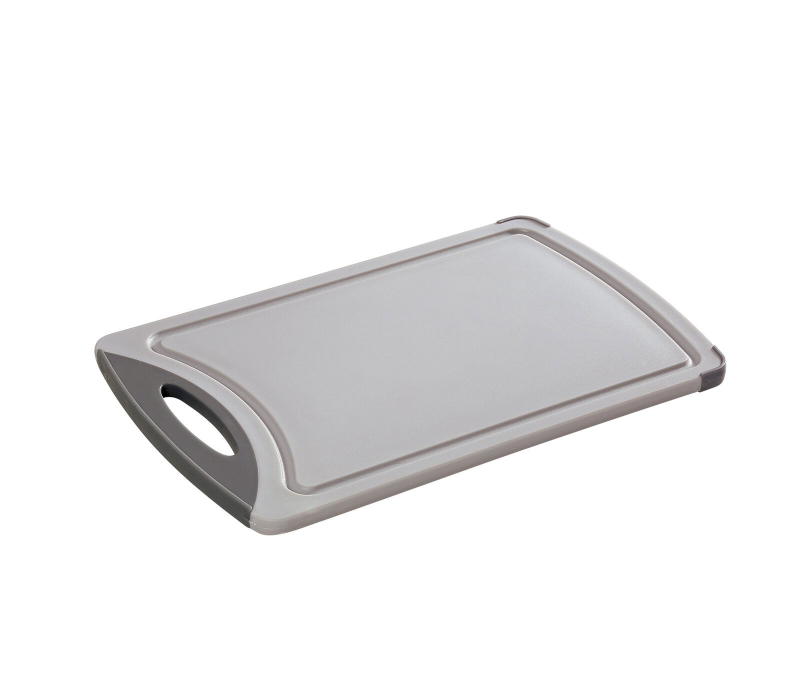 Graues Schneidbrett 32x20cm mit Griff, perspektivisch von oben fotografiert.