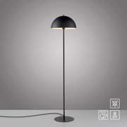 Schwarze Stehleuchte mit halbkugelförmigem Lampenschirm und rundem Standfuß, eingeschaltet, mit Kabel; frontale Ansicht auf neutralgrauem Hintergrund