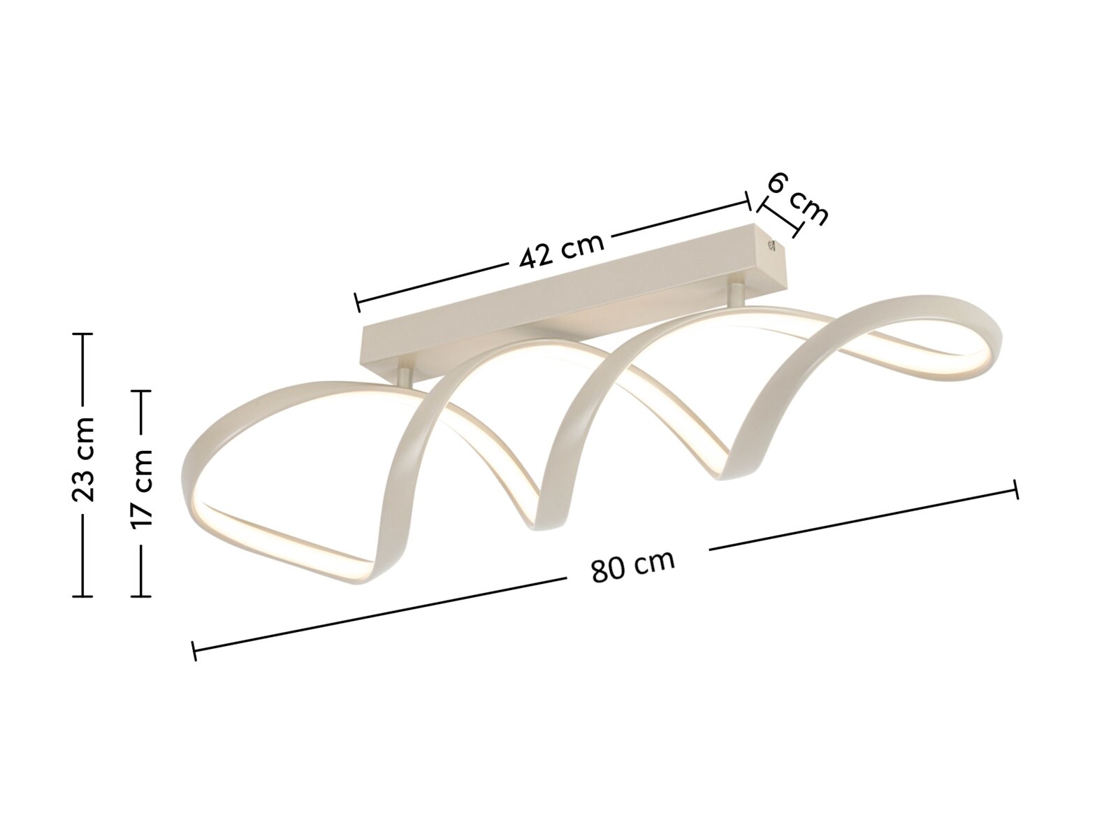 Moderne LED-Deckenleuchte mit geschwungenem Design, seitliche Perspektive